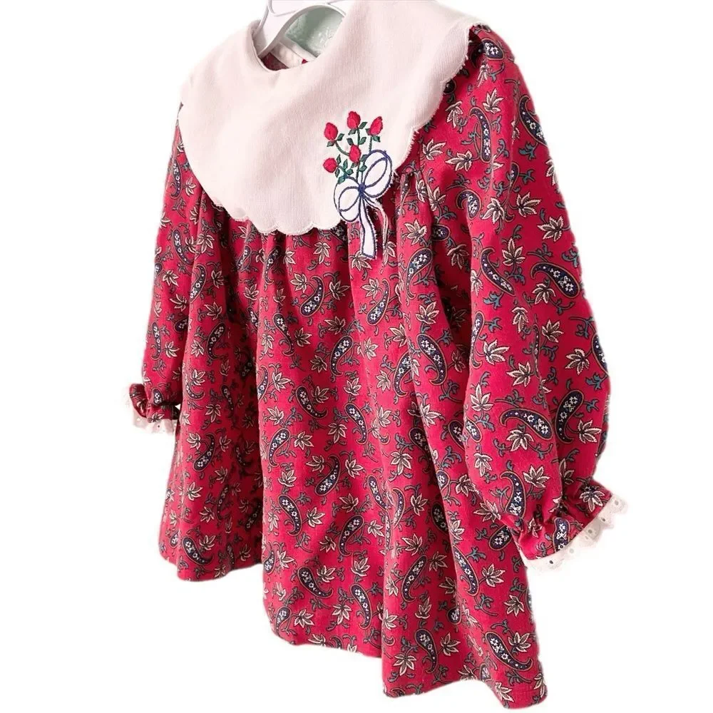 Vintage Little Bitty Red Paisley Baby Dress with White Collar in Size 24M